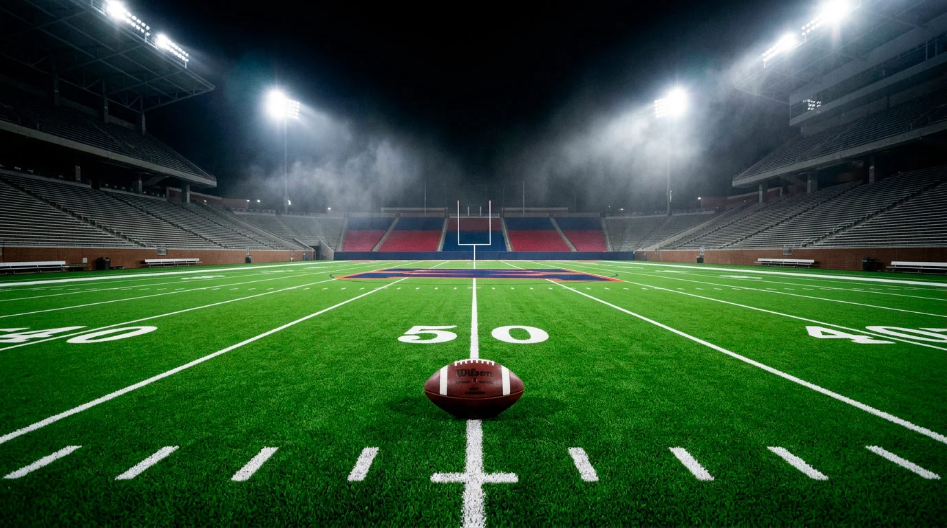NFL game in progress under stadium floodlights with the gridiron field in sharp focus