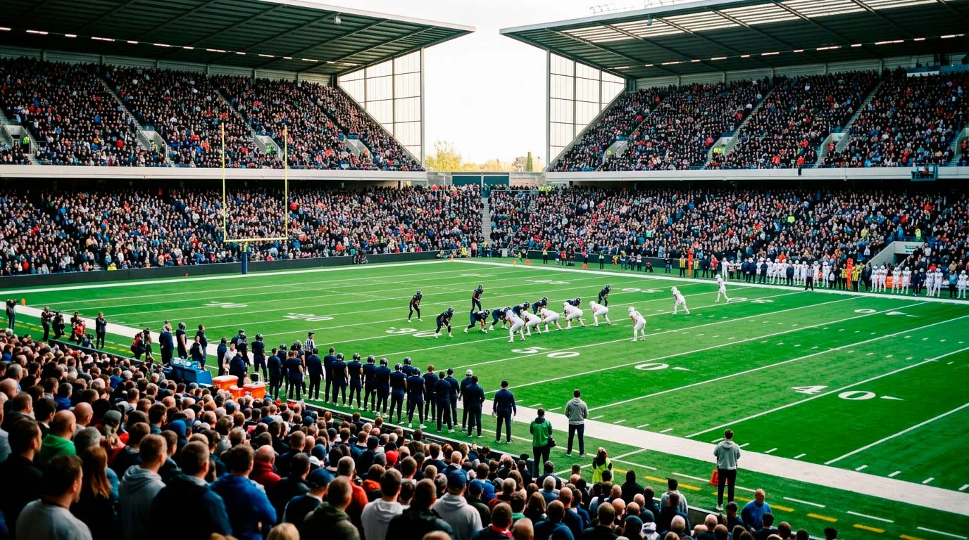 Packed Tottenham Hotspur Stadium during an NFL London Game with American football field markings on the pitch