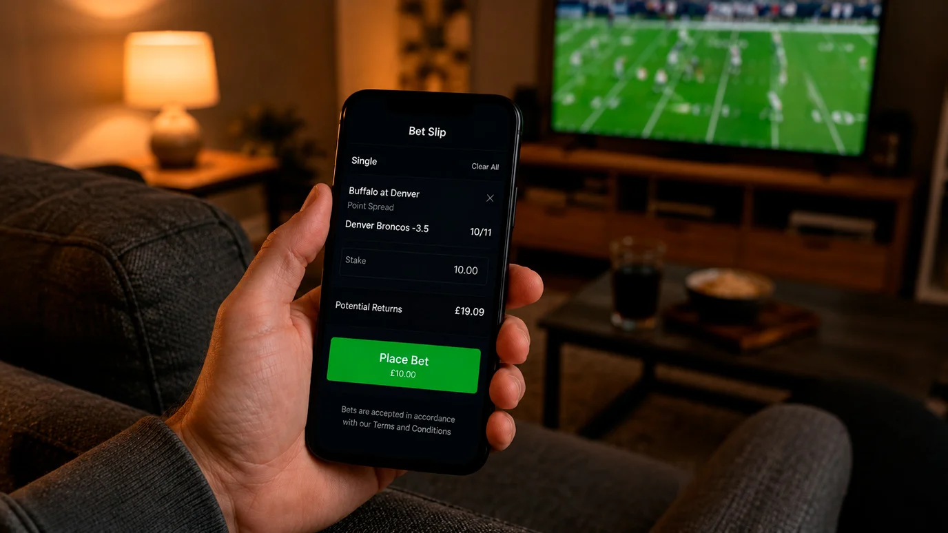Person holding a smartphone displaying an NFL betting slip with point spread selections on a mobile sportsbook app