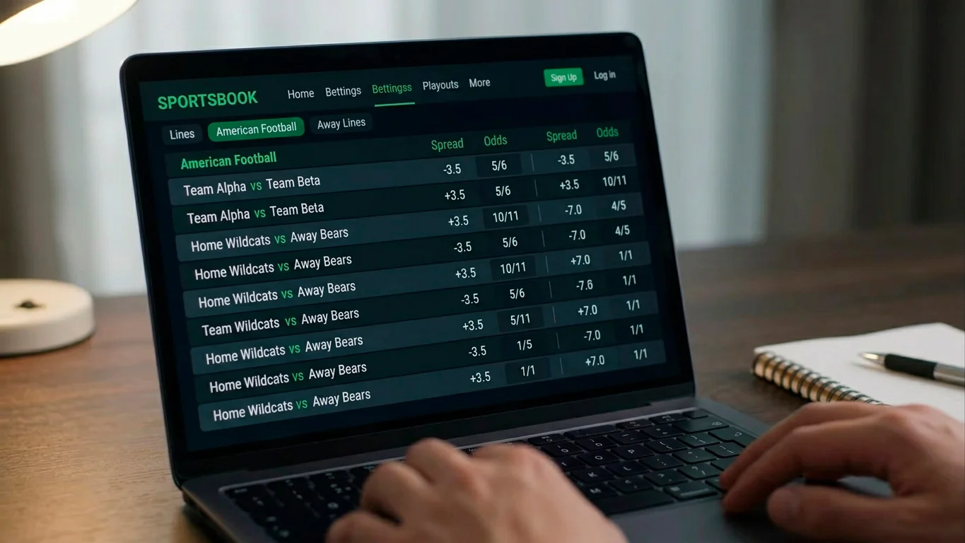 Close-up of a sportsbook screen showing NFL point spread and moneyline odds in fractional format