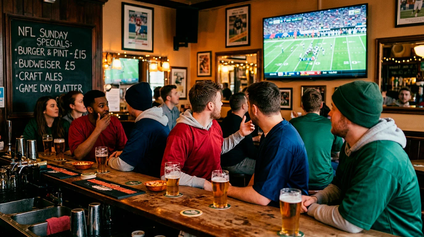 NFL fans in the UK watching a game at a sports bar with betting odds visible on screens