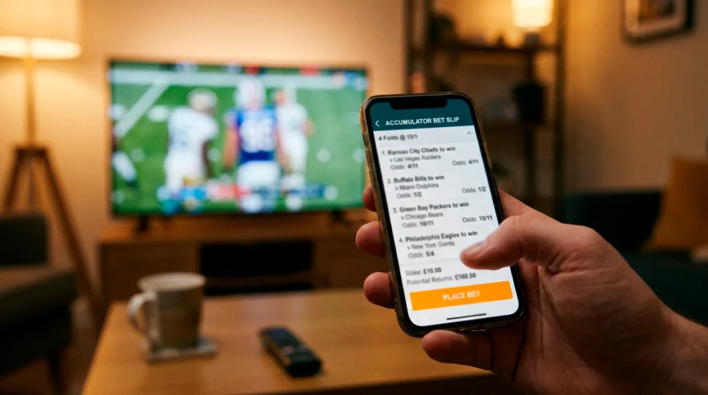 NFL accumulator bet slip showing multiple legs with odds and potential payout