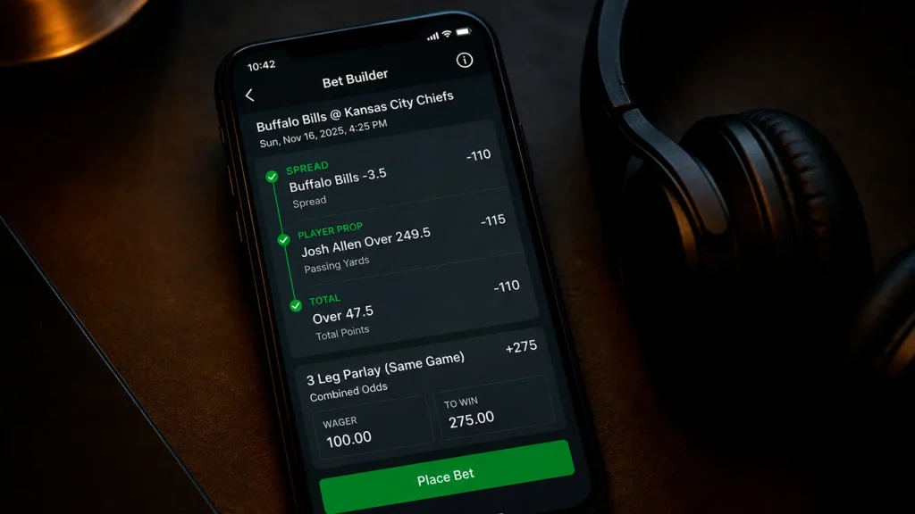 NFL bet builder interface showing multiple selections from a single game combined into one wager