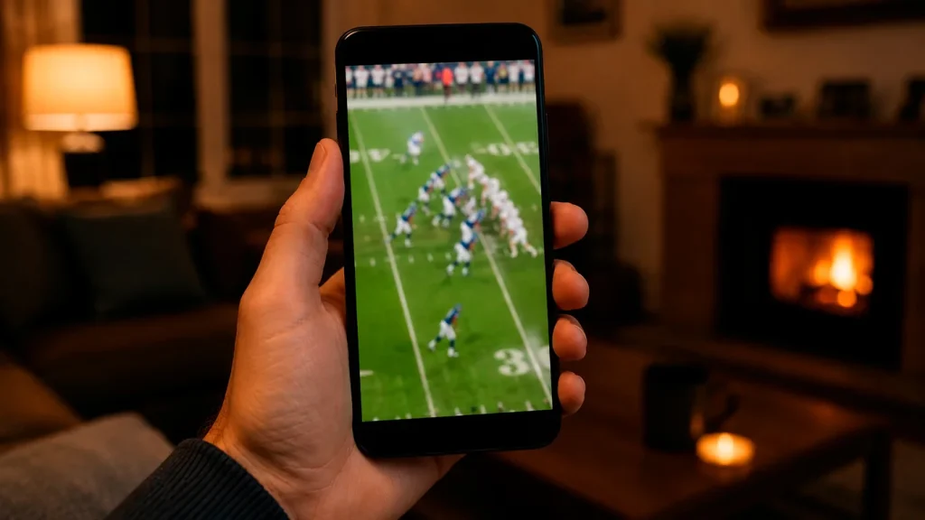 Smartphone held in hand showing an American football game on screen with a stadium blurred in the background