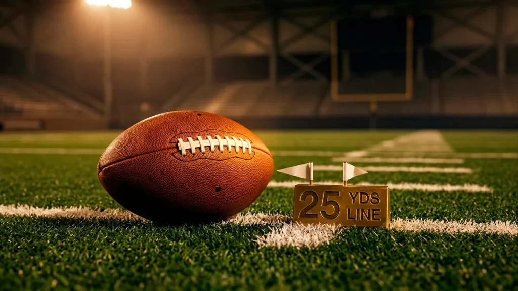 American football on a green gridiron field beside a golden free-kick marker under warm stadium floodlights