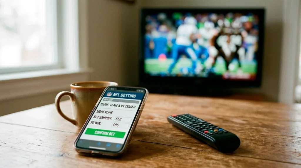 Beginner-friendly NFL betting guide showing a first bet slip on a UK sportsbook mobile app