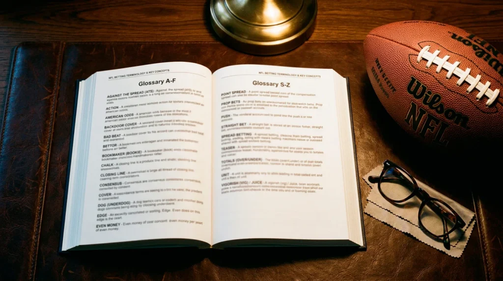 NFL betting terminology reference showing key terms from accumulator to vigorish