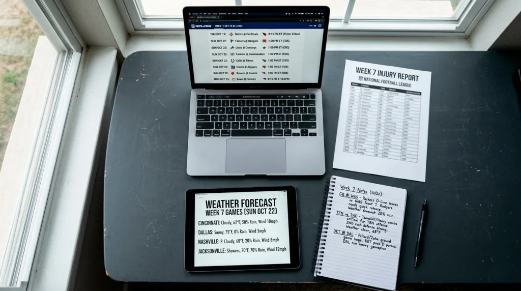 NFL weekly research workflow showing injury reports line movement and weather analysis