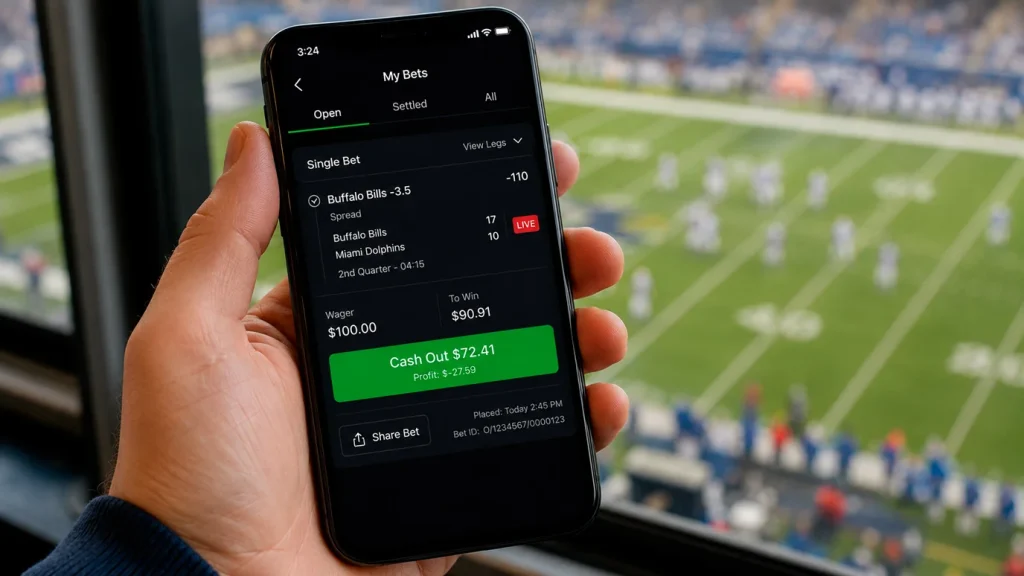 NFL cash out offer screen showing partial and full cash out options during a live game