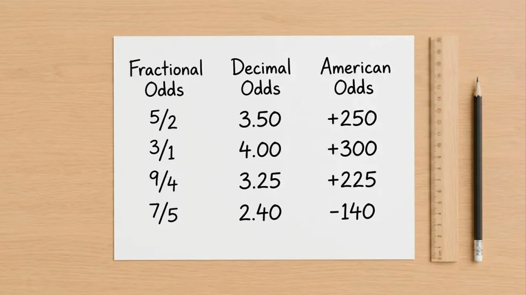Side-by-side comparison of NFL odds in fractional, American, and decimal formats for UK bettors