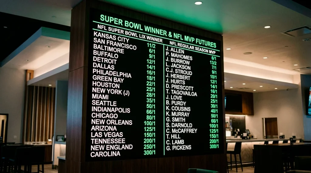 NFL futures odds board showing Super Bowl winner and MVP markets for the upcoming season