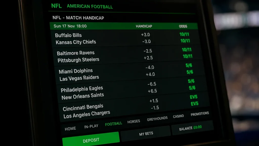 NFL handicap betting lines showing standard Asian and alternative handicap options at UK sportsbooks