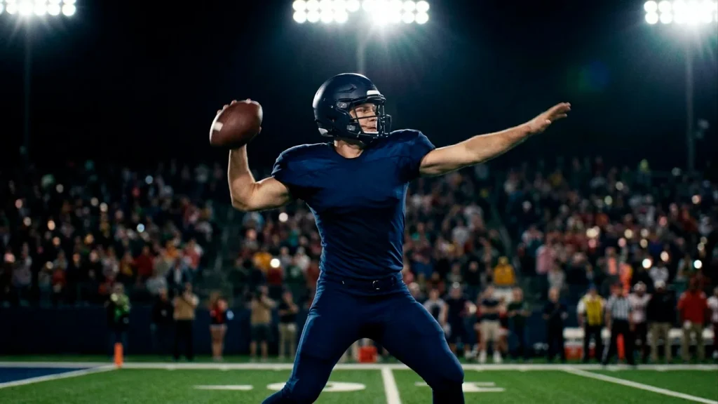 American football quarterback mid-throw under bright stadium lights during a night game with motion blur on the crowd