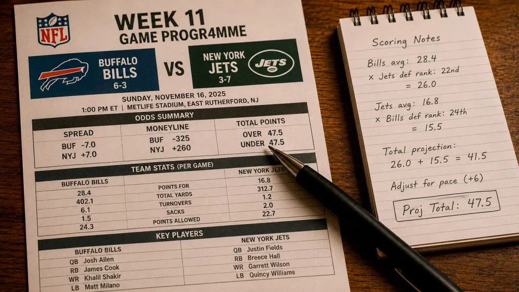 NFL totals betting line showing over under 47.5 points with scoring analysis for UK punters