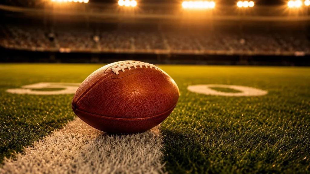 Close-up of an American football resting on a pointed yard-line marker on a green gridiron field under stadium floodlights