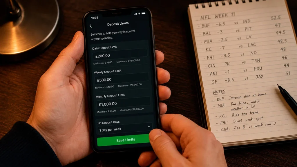 Responsible gambling tools interface showing deposit limits and session timers for NFL betting