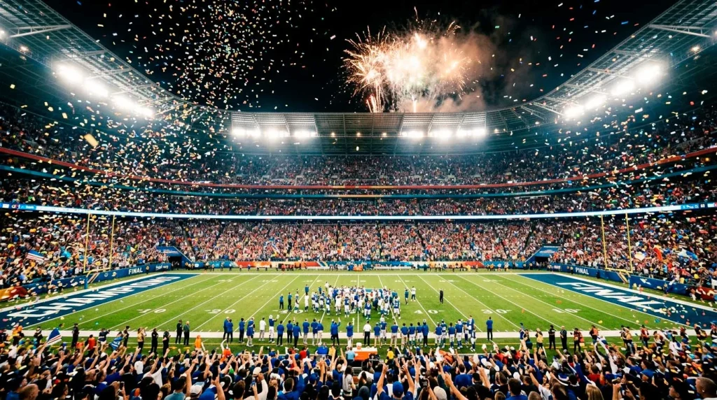 Packed American football stadium at night with confetti falling onto the field during a championship celebration