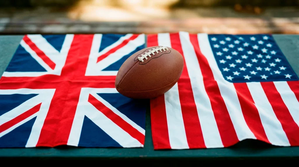 Side-by-side comparison of UK and US NFL betting environments showing regulatory and odds differences